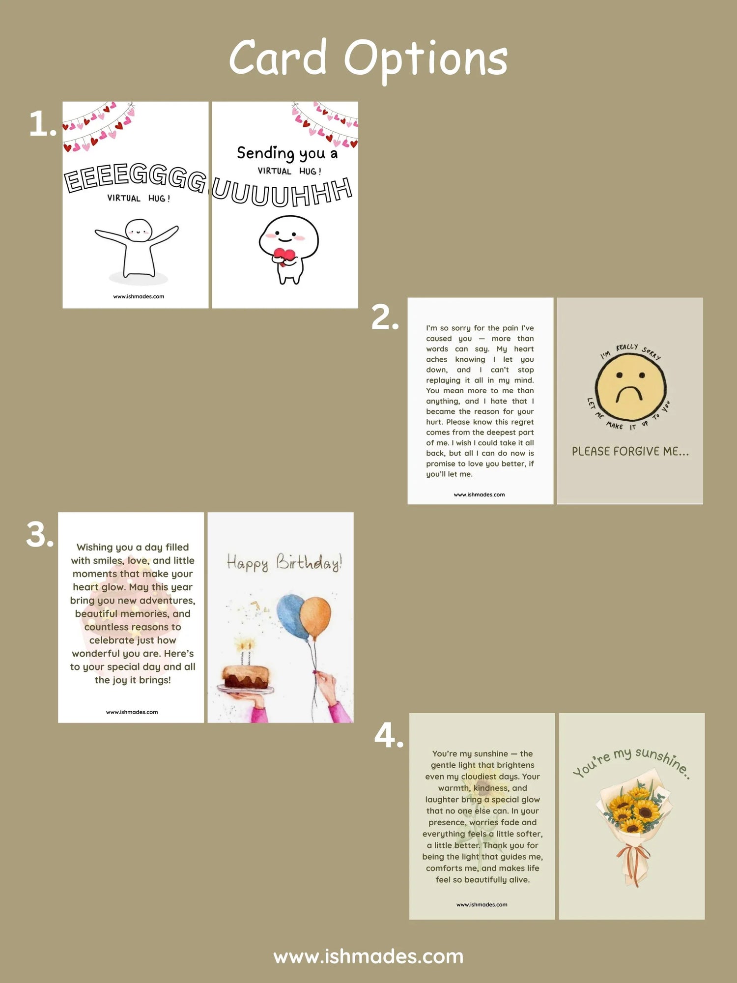 Four greeting card options featuring virtual hug, apology, birthday, and sunflower designs on a beige background.