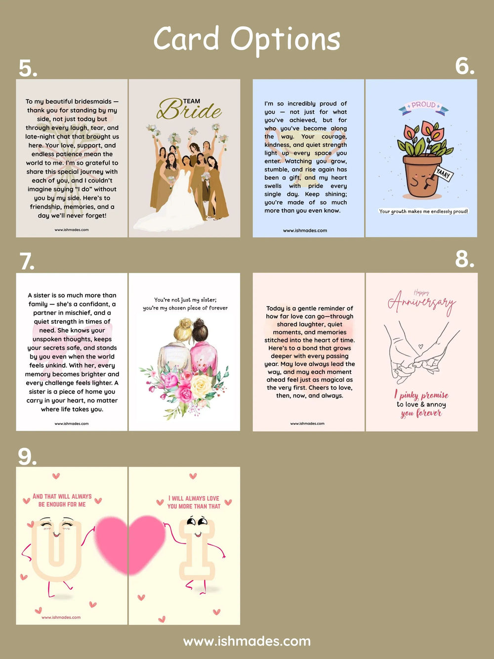 Greeting card options including bridesmaid thank you, team bride, proud plant, sister bond, anniversary, and love-themed designs.