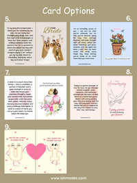 Greeting card options including bridesmaid thank you, team bride, proud plant, sister bond, anniversary, and love-themed designs.