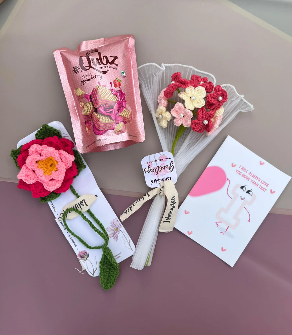 Gift set with strawberry wafer snack, crochet flowers bouquet, bookmark, and cute love card