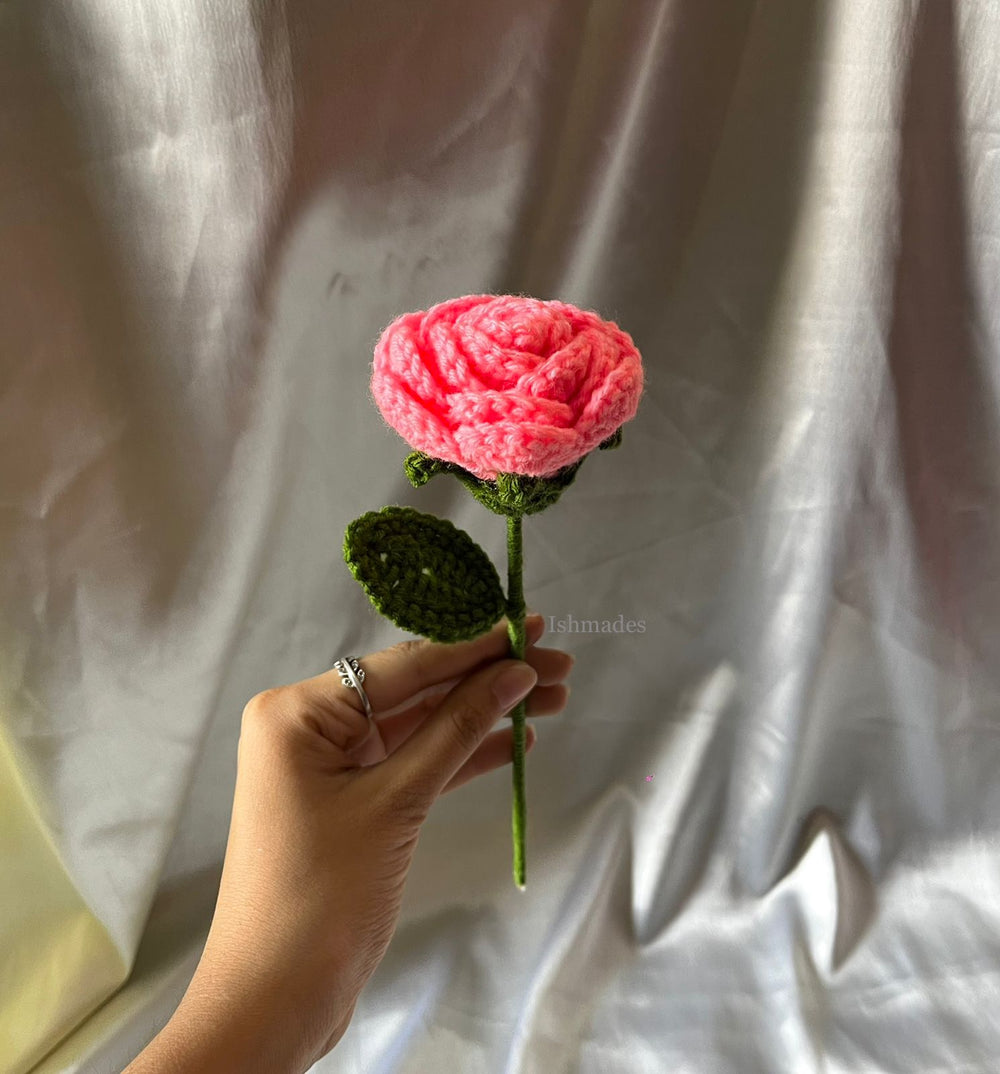 Crochet pink rose stick